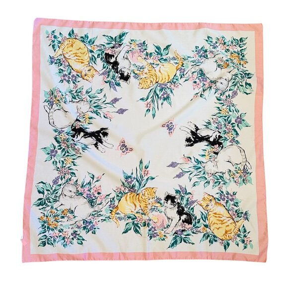 Vintage Avon Cat Print Scarf Shawl Wrap PinkBorder 100% Polyester 30" x 32" - Picture 1 of 10